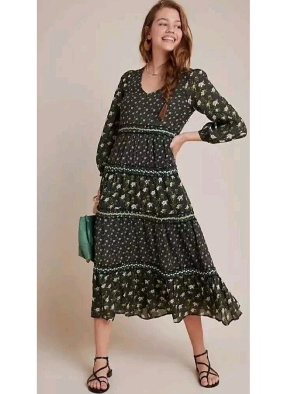 Anthropologie Green Floral Karoline Tiered Midi Dress, 0